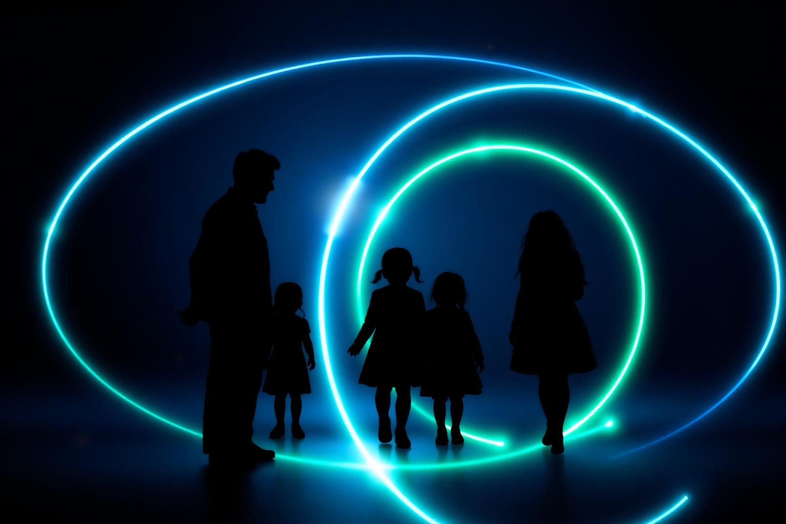 A family connected by glowing orbital rings — the GSS Family Hub vision